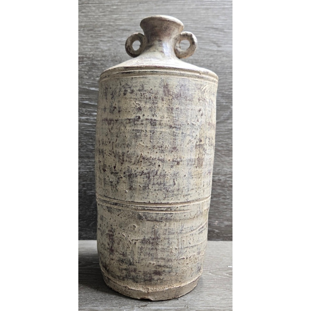 Large Ceramic Rustic Studio Pottery Vase Double Ring Handles Beige Brown